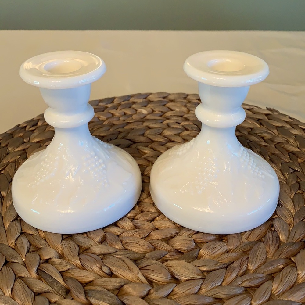 Pair of vintage white milk glass candleholders. Grape and leaves pattern.